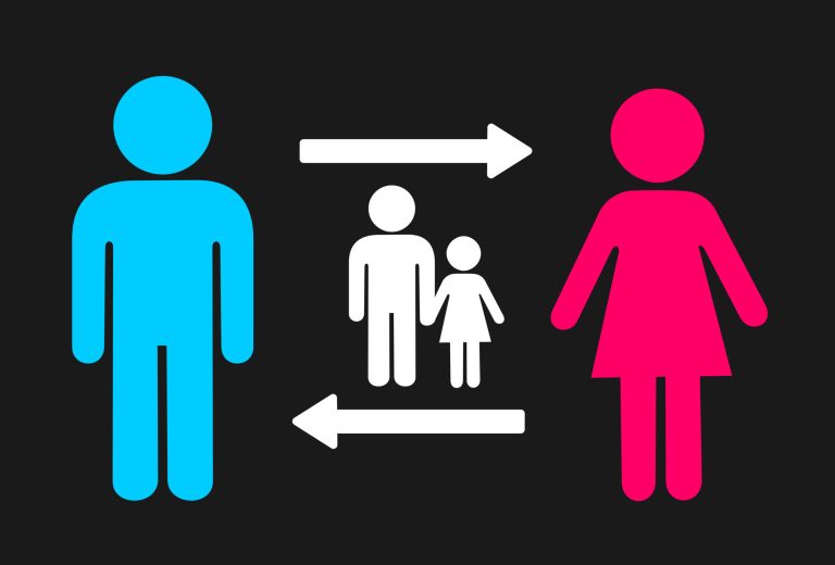 Alternating custody of minor child and kid after divorce breakup of family. Care and parenting is split and divided between mother and father. Simple vector illustration with pictograms